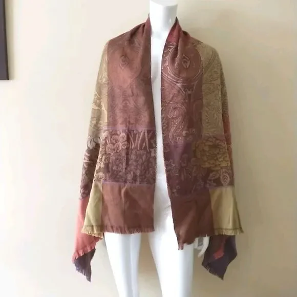 Kenzo Scarf Womens Patchwork Multicolor Floral Woven Wool Silk Blend Fringes - Picture 2 of 7